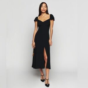 Reformation Baxley Short Sleeve Midi Dress Black Front Slit
